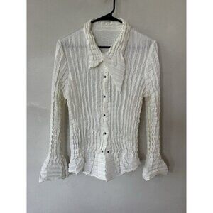 Babette Womens Off White Snap Front Button Up Long Sleeve Crinkle Blouse Shirt M